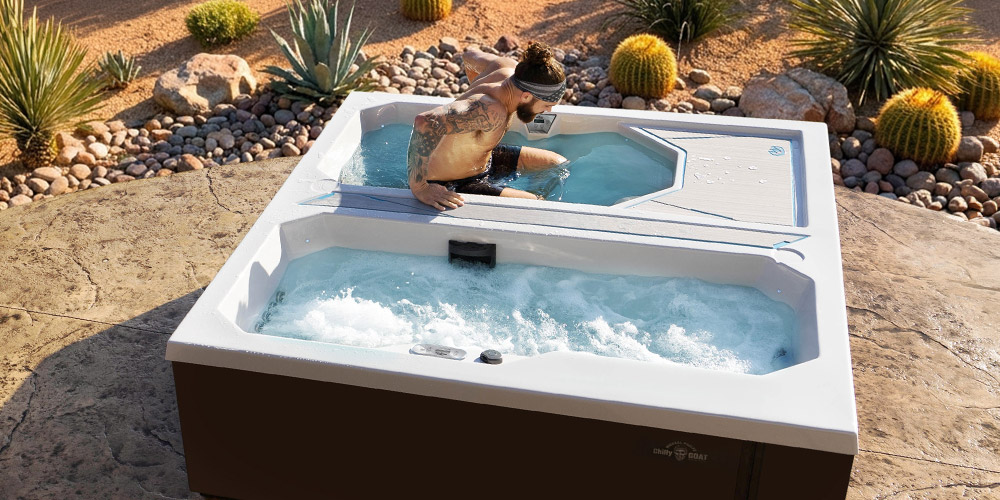 Man getting into a Valaris Cold tub.