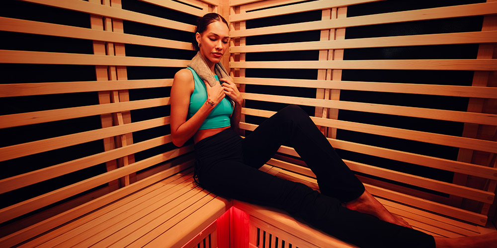Woman lounging on bench inside of a sauna.